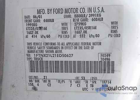 2001 Ford F-250 Lariat/Xl/Xlt from USA, damaged, VIN 1FTNX21L21ED50627